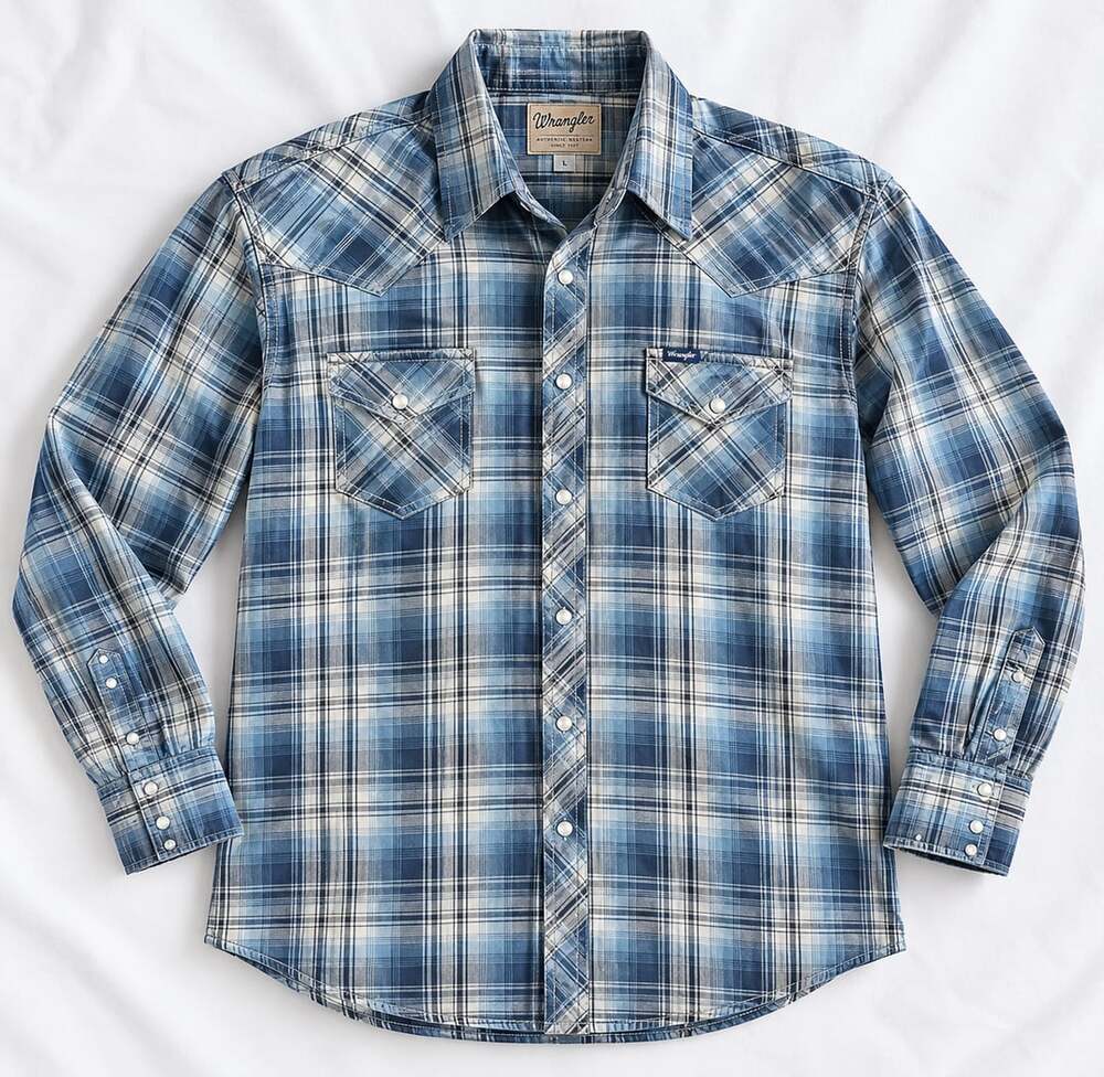 Wrangler Western Fashion Snap Shirt Men's Blue Plaid Long Sleeve Pearl Snap